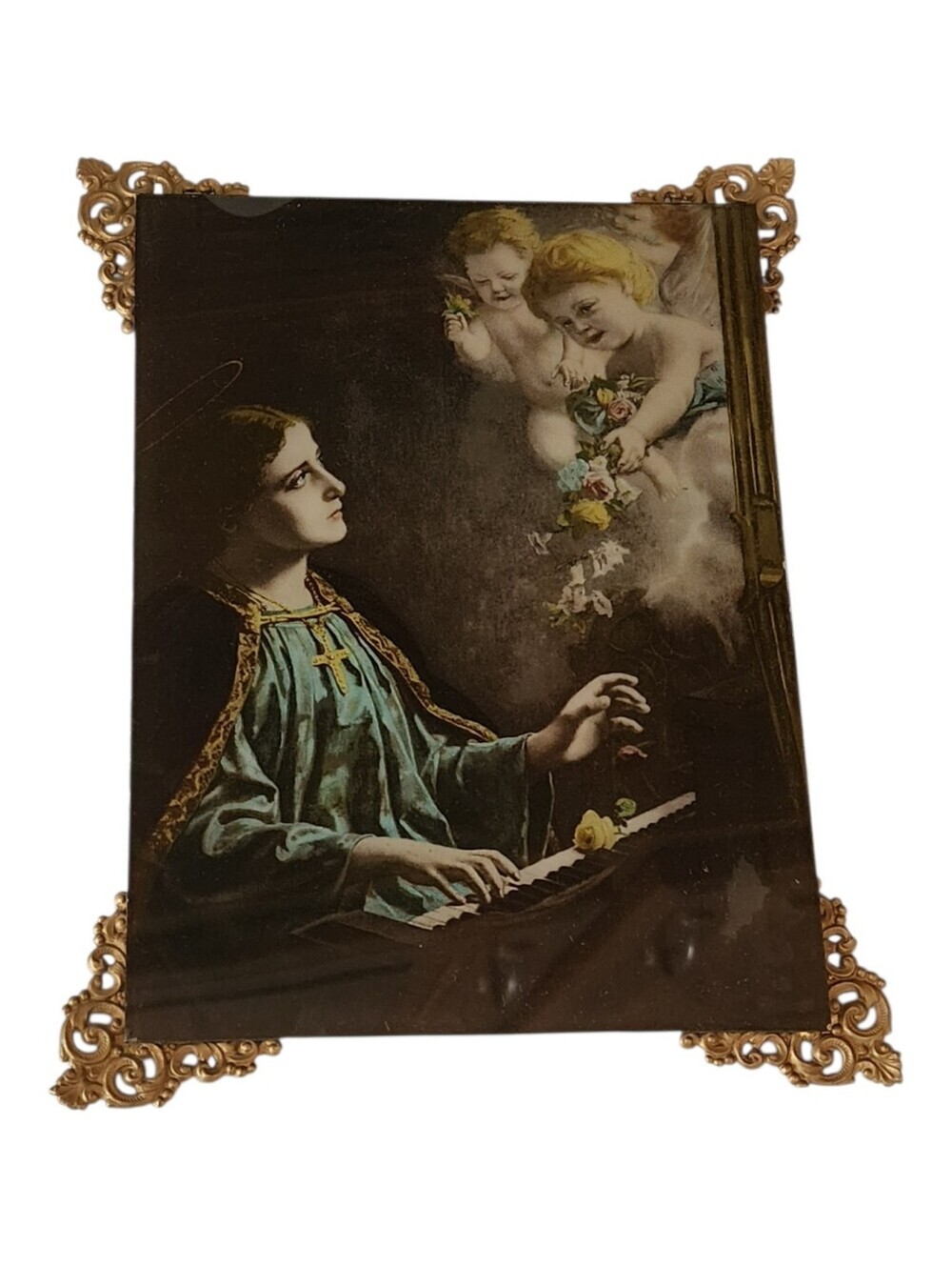 Vintage Religious Art Saint Cecilia Glass Ornate Antique Frame Catholic Cherub